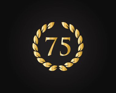 75. Yıldönümü Yüzük Şablonu. 75. yıl dönümü logosu, siyah arka planda izole edilmiş altın yüzükle doğum günü, yıldönümü ve şirket kutlamaları için.
