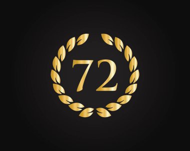 72 Yıllık Yüzük Logosu Şablonu. Siyah arka planda, doğum günü, yıldönümü ve şirket kutlamaları için izole edilmiş 72 yıllık altın yüzüklü logo.