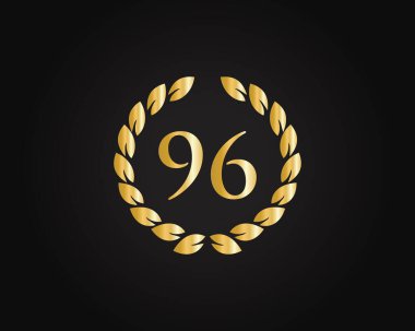 96. Yüzük Logosu Şablonu. 96. yıl dönümü logosu, siyah arka planda izole edilmiş altın yüzükle doğum günü, yıldönümü ve şirket kutlamaları için.