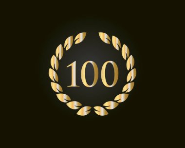 Yüzüncü Yıldönümü Yüzük Logosu Şablonu. 100. yıl dönümü logosu ve altın yüzük kara arka planda, doğum günü, yıldönümü ve şirket kutlamaları için izole edilmiş.