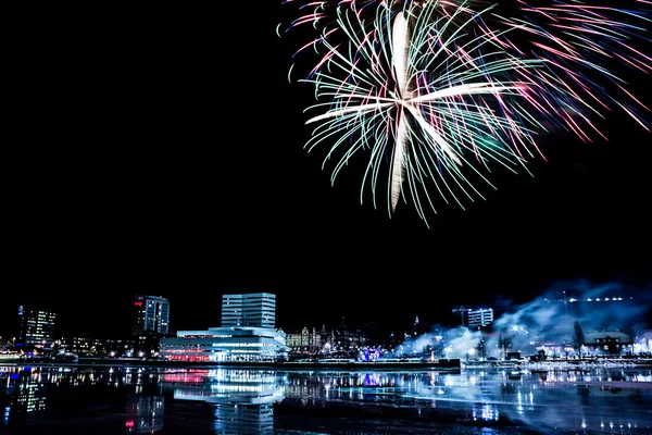 Downtown Umea, Sweden with Fireworks — Stock Photo, Image