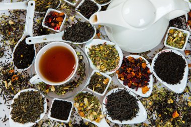 Kuru çay ürün yelpazesine. Çay beyaz izole çeşitli. Çay yaprakları farklı türde. Farklı tipteki çay çay kompozisyon. Çay kavramı. Çay yaprakları