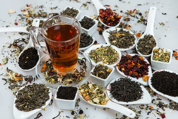 Assortment of dry tea. Various kinds of tea isolated on white.Different kinds of tea leaves. Tea composition with different kind of tea. Tea concept. Tea leaves — Stock Photo, Image