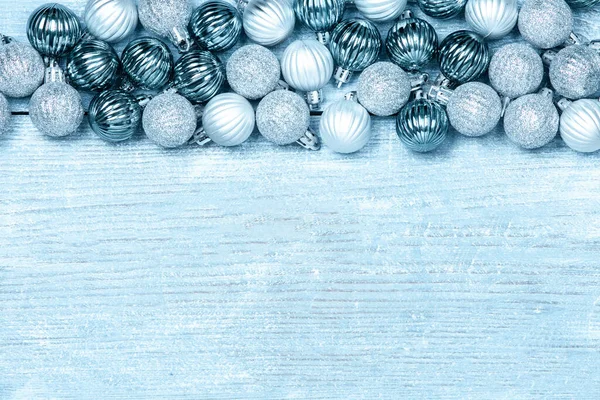 Boules Nouvel Sur Fond Bois Bleu Fond Noël Avec Des — Photo