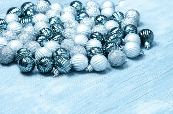 Boules Nouvel Sur Fond Bois Bleu Fond Noël Avec Des — Photo