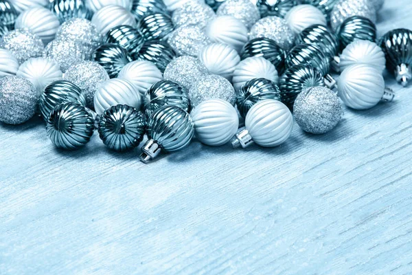 Boules Nouvel Sur Fond Bois Bleu Fond Noël Avec Des — Photo