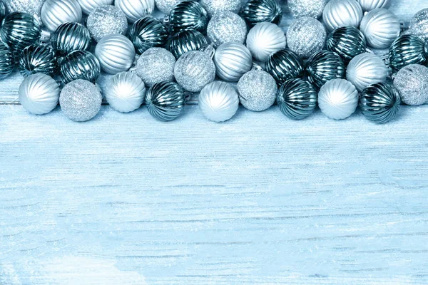 Boules Nouvel Sur Fond Bois Bleu Fond Noël Avec Des — Photo