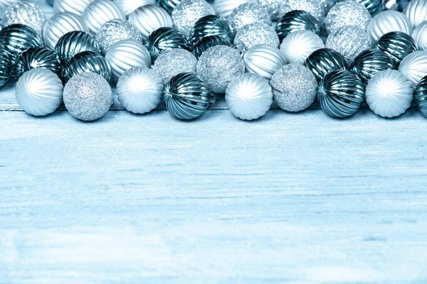 Boules Nouvel Sur Fond Bois Bleu Fond Noël Avec Des — Photo