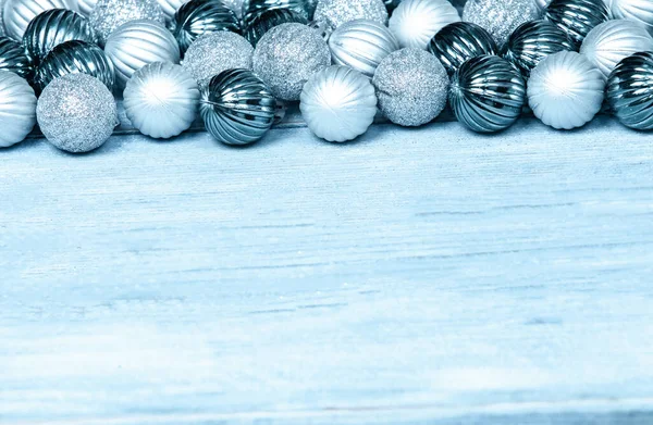 Boules Nouvel Sur Fond Bois Bleu Fond Noël Avec Des — Photo