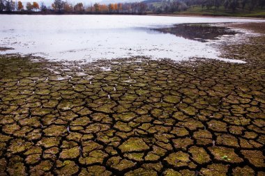 Manzara kurumuş ve çatlamış arka plan. Toprak kuru. Drouth konsepti. Su yok..