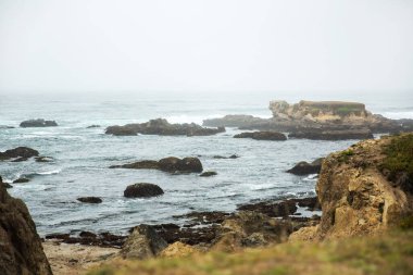 Kaliforniya 'nın Monterey şehrindeki Pasifik Okyanusu kıyısında. Amerika Birleşik Devletleri. Güneşli bir günde güzel bir sahil. Okyanus manzarası.