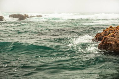 Kaliforniya 'nın Monterey şehrindeki Pasifik Okyanusu kıyısında. Amerika Birleşik Devletleri. Güneşli bir günde güzel bir sahil. Okyanus manzarası.