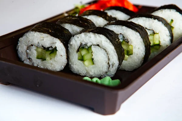 Japanese Food Rolls Plastic Box Sushi Set Plastic Package Close — Stock Photo, Image