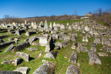 Vadul Rascov, Moldova; 12 Nisan 2021. Moldova Cumhuriyeti 'ndeki ortaçağ Yahudi mezarlığındaki mezar taşları. Avrupa 'nın en büyük Yahudi mezarlıklarından biri. Editör fotoğrafı.