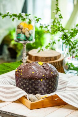 Panettone, 2021 yılında Paskalya için geleneksel İtalyan tatlısıdır. Çikolata ve çikolata parçacıkları ile kaplı ev yapımı panettone. Tatlı olarak sunulan ekmek..