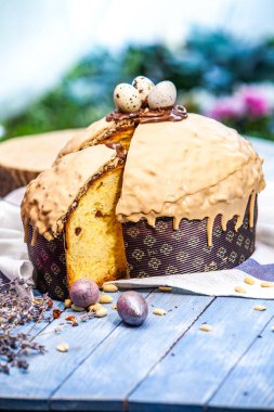 Panettone, 2021 yılında Paskalya için geleneksel İtalyan tatlısıdır. Çikolata ve çikolata parçacıkları ile kaplı ev yapımı panettone. Tatlı olarak sunulan ekmek..