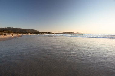 Kaliforniya 'nın Monterey şehrindeki Pasifik Okyanusu kıyısında. Amerika Birleşik Devletleri. Güneşli bir günde güzel bir sahil. Okyanus manzarası.