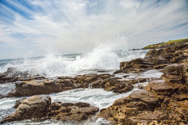 Kaliforniya 'nın Monterey şehrindeki Pasifik Okyanusu kıyısında. Amerika Birleşik Devletleri. Güneşli bir günde güzel bir sahil. Okyanus manzarası.