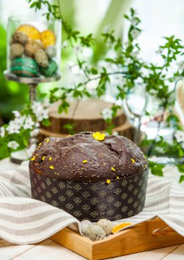 Panettone, 2021 yılında Paskalya için geleneksel İtalyan tatlısıdır. Çikolatayla kaplı ev yapımı panettone. Tatlı ekmek tatlı olarak servis edilir..