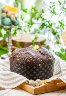 Panettone, 2021 yılında Paskalya için geleneksel İtalyan tatlısıdır. Çikolatayla kaplı ev yapımı panettone. Tatlı ekmek tatlı olarak servis edilir..