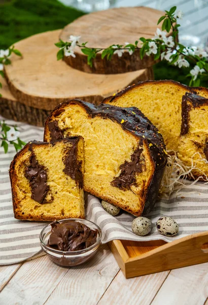 Panettone Traditional Italian Dessert Easter 2021 Homemade Panettone Covered Chocolate — Stock Photo, Image