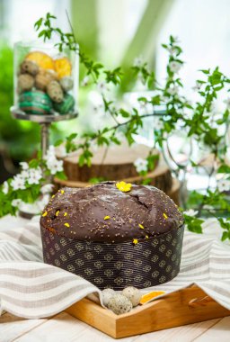Panettone, 2021 yılında Paskalya için geleneksel İtalyan tatlısıdır. Çikolata ve çikolata parçacıkları ile kaplı ev yapımı panettone. Tatlı olarak sunulan ekmek..