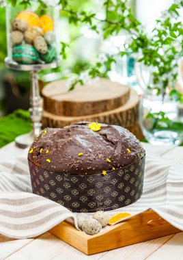 Panettone, 2021 yılında Paskalya için geleneksel İtalyan tatlısıdır. Çikolata ve çikolata parçacıkları ile kaplı ev yapımı panettone. Tatlı olarak sunulan ekmek..