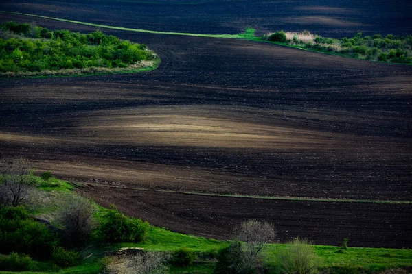 Textur Brun Jordbruksmark Vacker Soluppgång Gården Gården Moldavien Europa Nyplöjt — Stockfoto