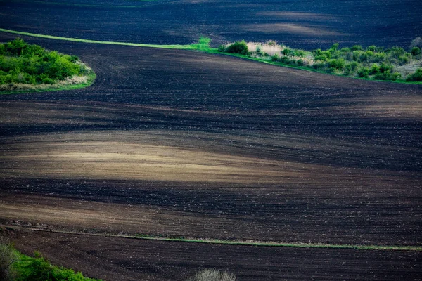 棕色农业土壤的结构 美丽的日出在农场 摩尔多瓦的农场 种植蔬菜种子的新耕春田 — 图库照片
