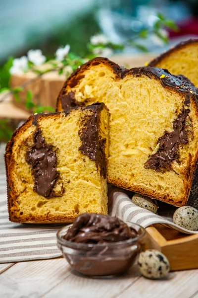 Panettone Fatto Casa Pane Dolce Tradizionale Italiano Panettone Con Fetta — Foto Stock