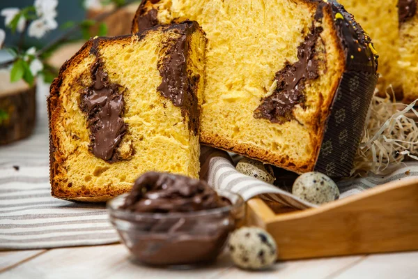 Panettone Fatto Casa Pane Dolce Tradizionale Italiano Panettone Con Fetta — Foto Stock