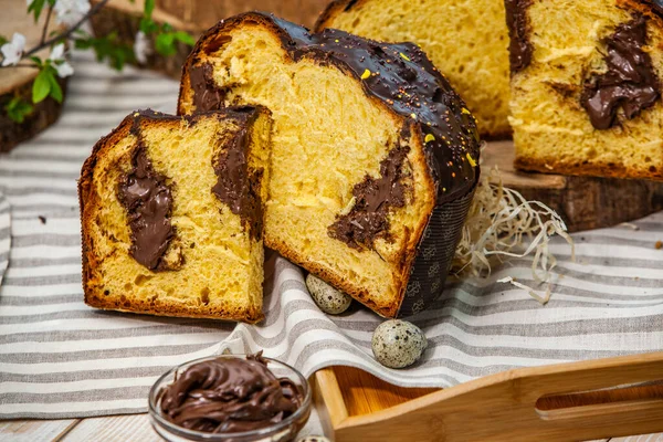 Home Made Panettone Traditional Italian Sweet Bread Panettone Slice Served — Stock Photo, Image