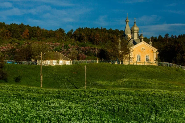 Concept Arrière Plan Religieux Chrétien Paysage Vert Avec Église Orthodoxe — Photo