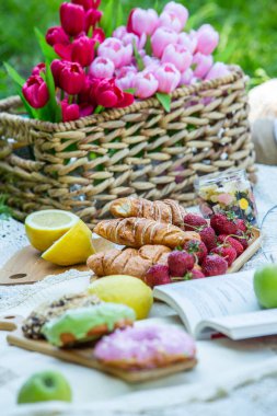 Outdoors picnic in a lush green park with a tasty croissant, fruits, donuts and wine on grass. Summer picnic on the blanket.
