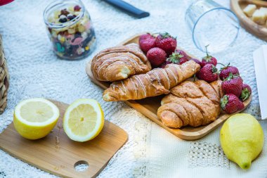 Outdoors picnic in a lush green park with a tasty croissant, fruits, donuts and wine on grass. Summer picnic on the blanket.