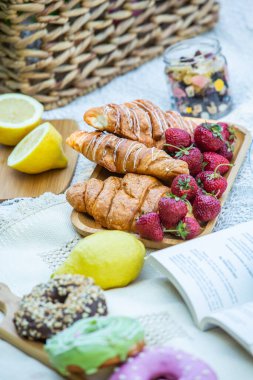 Outdoors picnic in a lush green park with a tasty croissant, fruits, donuts and wine on grass. Summer picnic on the blanket.