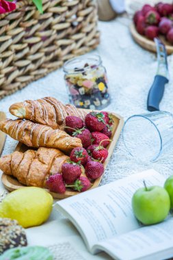 Outdoors picnic in a lush green park with a tasty croissant, fruits, donuts and wine on grass. Summer picnic on the blanket.