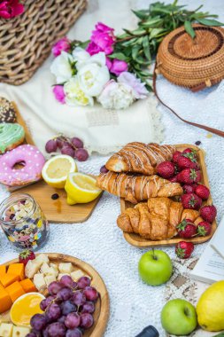 Outdoors picnic in a lush green park with a tasty croissant, fruits, donuts and wine on grass. Summer picnic on the blanket.