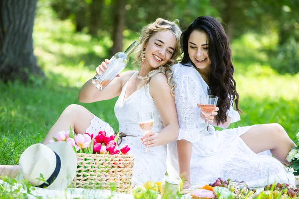 Zwei Mädchen Ruhen Sich Park Auf Einer Picknickdecke Aus Freunde — Stockfoto