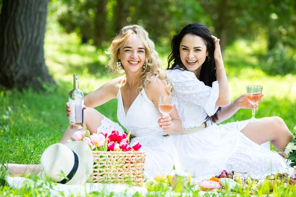 Dos Chicas Descansan Parque Sentadas Una Manta Picnic Amigos Está —  Fotos de Stock