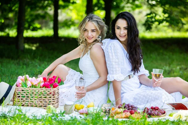 Dos Chicas Descansan Parque Sentadas Una Manta Picnic Amigos Está — Foto de Stock