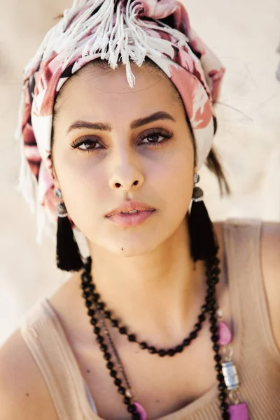 Portrait Beautiful Indian Girl Scarf Young Hippie Style Woman Wearing — Stock Photo, Image