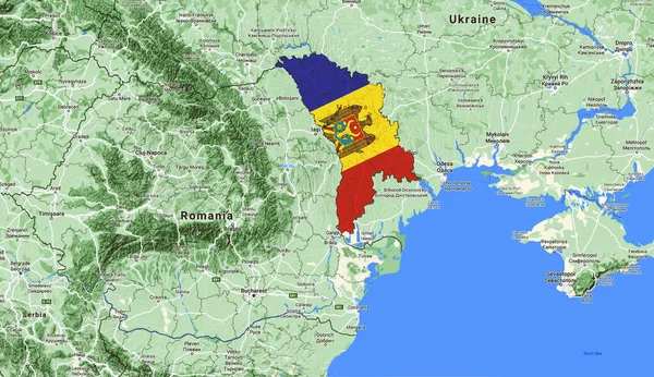 Moldova seen from satellites covered with the national flag. Moldova on the world map