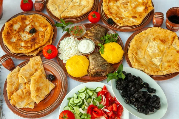自制的罗马尼亚食品 配以烤鱼 蔬菜和红酒 露营时的垫子 — 图库照片