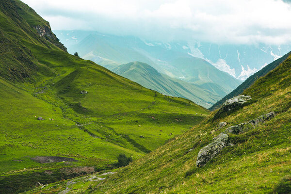 A beautiful landscape photography with old village Usghuli in Caucasus Mountains in Georgia.