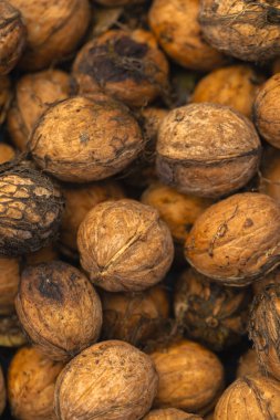 walnuts and kernels captured in a rustic natural setting. Some nuts are cracked open, revealing the rich interior texture, while others remain whole on a dark wooden surface. 