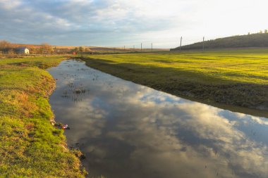 Moldova Cumhuriyeti 'ndeki huzurlu sonbahar manzarası. Renkli ormanlar, altın ağaçlar ve yumuşak güneş ışığı.