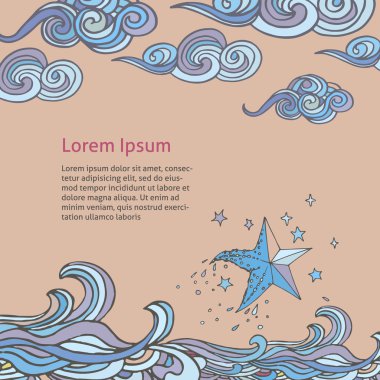 Dalgalar deniz yıldızı ve bulutlar dekoratif yükselen çizilmiş örnek.