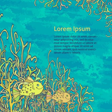 Sualtı dünyası, Balık ve deniz yosunu ile tebrik kartı için vektör arka plan.