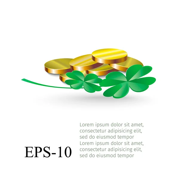 Moeda e trevos isolados sobre um fundo branco. Ilustração para cartões do dia de St. Patricks, e projetos da Web . — Vetor de Stock